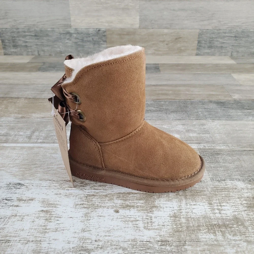 Bearpaw Milly Kids Snow Boots Sz 7 Brown Lined Suede Pull On Round Toe Classic